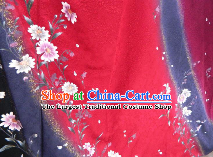 Japanese Traditional Festival Garment Costume Wedding Bride Wine Red Yukata Dress Classical Daisy Pattern Furisode Kimono Clothing
