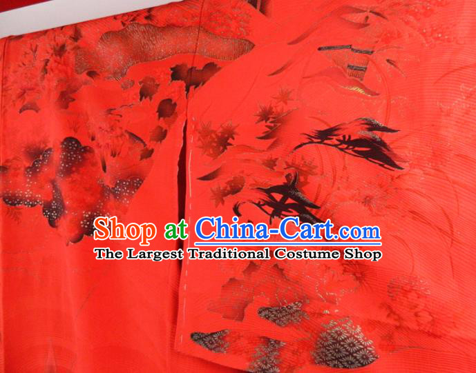 Japanese Traditional Ceremony Garment Costume Young Woman Red Yukata Dress Classical Scenery Pattern Tsukesage Kimono Clothing