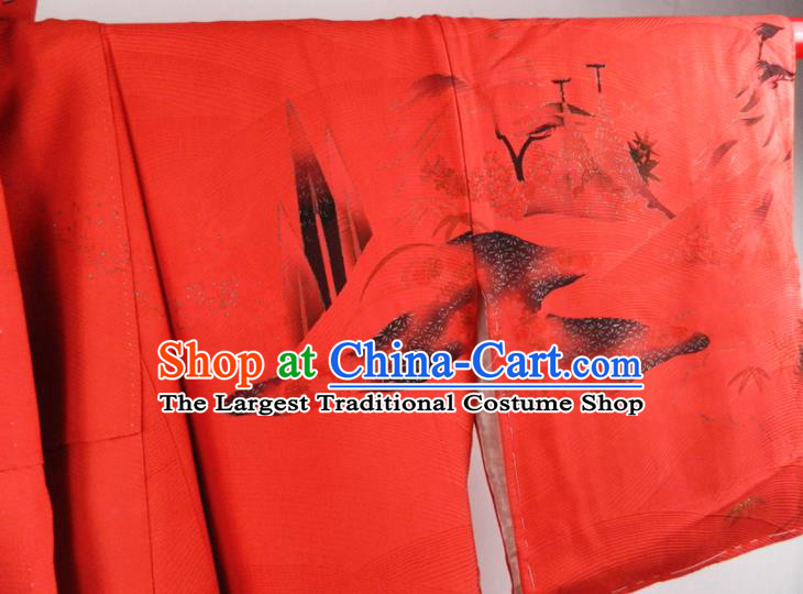 Japanese Traditional Ceremony Garment Costume Young Woman Red Yukata Dress Classical Scenery Pattern Tsukesage Kimono Clothing