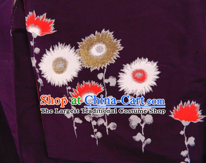 Japanese Traditional Festival Garment Costume Married Woman Purple Yukata Dress Classical Chrysanthemum Pattern Tsukesage Kimono Clothing