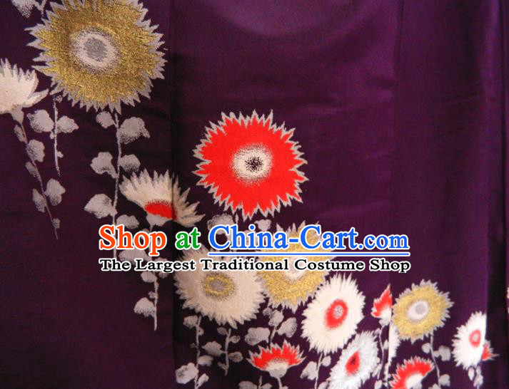 Japanese Traditional Festival Garment Costume Married Woman Purple Yukata Dress Classical Chrysanthemum Pattern Tsukesage Kimono Clothing
