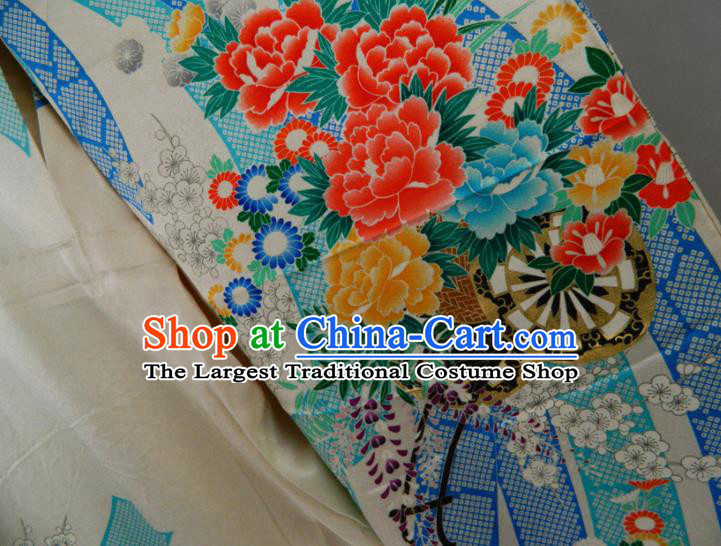 Japanese Classical Peony Chrysanthemum Pattern Furisode Kimono Clothing Traditional Festival Garment Costume Court Woman Yukata Dress