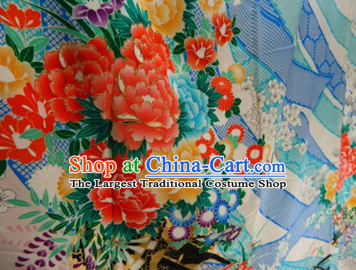 Japanese Classical Peony Chrysanthemum Pattern Furisode Kimono Clothing Traditional Festival Garment Costume Court Woman Yukata Dress