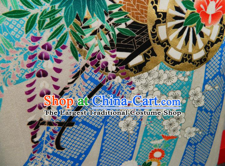 Japanese Classical Peony Chrysanthemum Pattern Furisode Kimono Clothing Traditional Festival Garment Costume Court Woman Yukata Dress