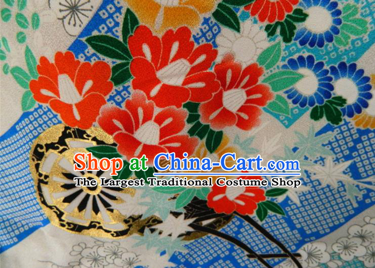 Japanese Classical Peony Chrysanthemum Pattern Furisode Kimono Clothing Traditional Festival Garment Costume Court Woman Yukata Dress