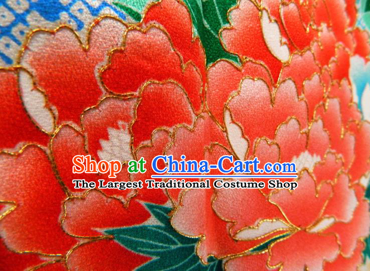 Japanese Classical Peony Chrysanthemum Pattern Furisode Kimono Clothing Traditional Festival Garment Costume Court Woman Yukata Dress