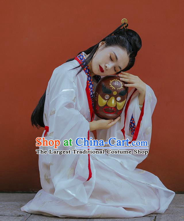 China Song Dynasty Young Beauty White Hanfu Dress Traditional Court Woman Historical Costumes Ancient Aristocratic Lady Garment Clothing