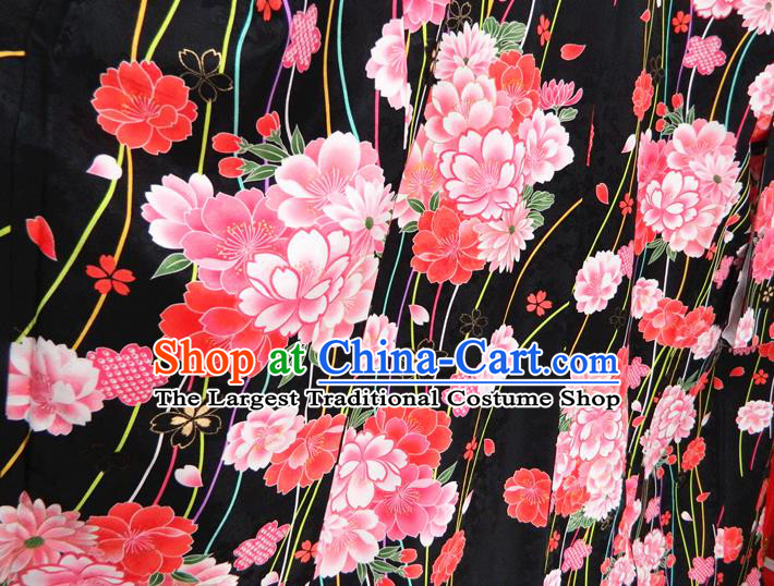 Japanese Classical Peony Flowers Pattern Black Yukata Dress Traditional Wedding Furisode Kimono Clothing Court Empress Garment Costume