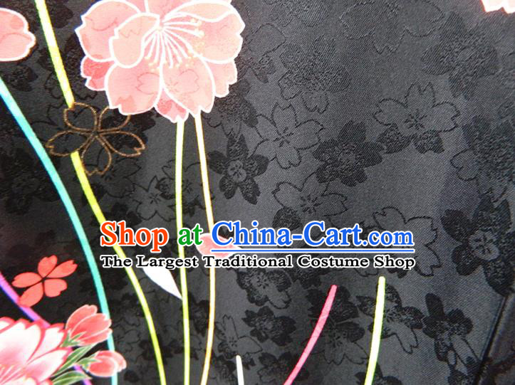 Japanese Classical Peony Flowers Pattern Black Yukata Dress Traditional Wedding Furisode Kimono Clothing Court Empress Garment Costume