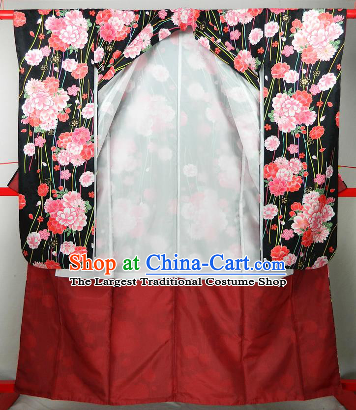Japanese Classical Peony Flowers Pattern Black Yukata Dress Traditional Wedding Furisode Kimono Clothing Court Empress Garment Costume