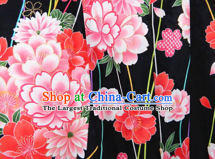 Japanese Classical Peony Flowers Pattern Black Yukata Dress Traditional Wedding Furisode Kimono Clothing Court Empress Garment Costume