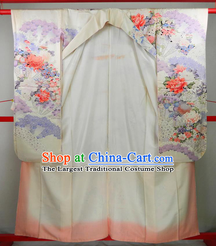 Japanese Classical Peony Plum Pattern Beige Silk Yukata Dress Traditional Wedding Furisode Kimono Clothing Court Woman Garment Costume