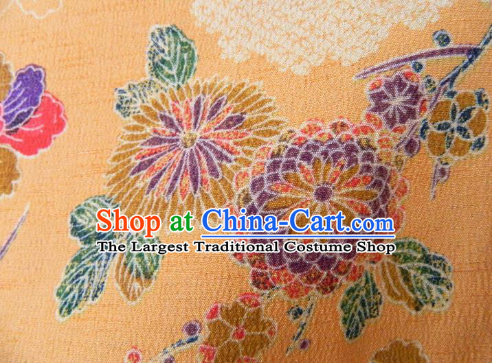 Japanese Classical Chrysanthemum Peony Pattern Yellow Yukata Dress Traditional Edo Komon Kimono Clothing Young Woman Garment Costume