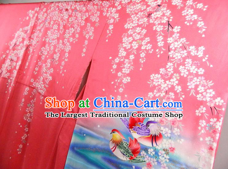 Japanese Classical Sakura Mandarin Duck Pattern Red Yukata Dress Traditional Furisode Kimono Clothing Wedding Bride Garment Costume