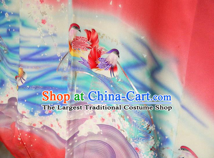 Japanese Classical Sakura Mandarin Duck Pattern Red Yukata Dress Traditional Furisode Kimono Clothing Wedding Bride Garment Costume