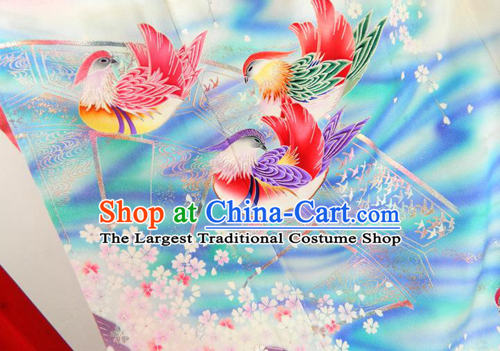 Japanese Classical Sakura Mandarin Duck Pattern Red Yukata Dress Traditional Furisode Kimono Clothing Wedding Bride Garment Costume