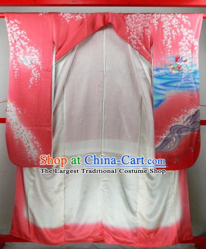 Japanese Classical Sakura Mandarin Duck Pattern Red Yukata Dress Traditional Furisode Kimono Clothing Wedding Bride Garment Costume