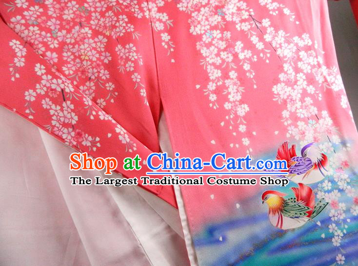 Japanese Classical Sakura Mandarin Duck Pattern Red Yukata Dress Traditional Furisode Kimono Clothing Wedding Bride Garment Costume