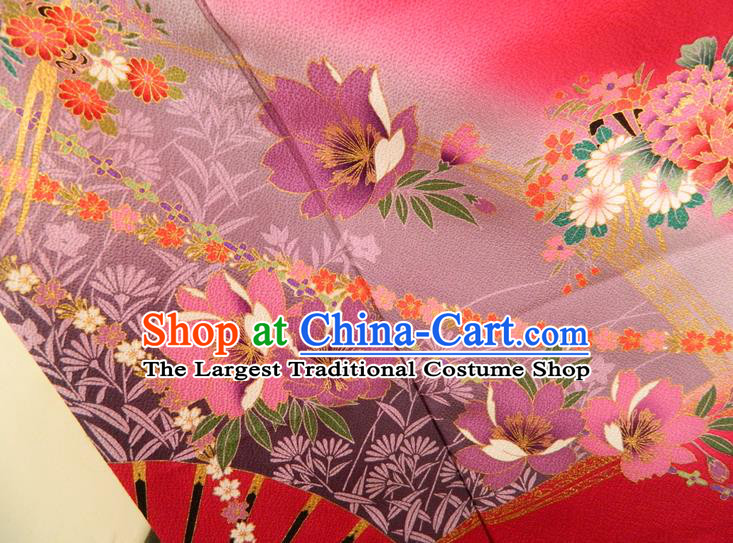 Japanese Wedding Bride Garment Costume Classical Peony Fan Pattern Red Yukata Dress Traditional Furisode Kimono Clothing