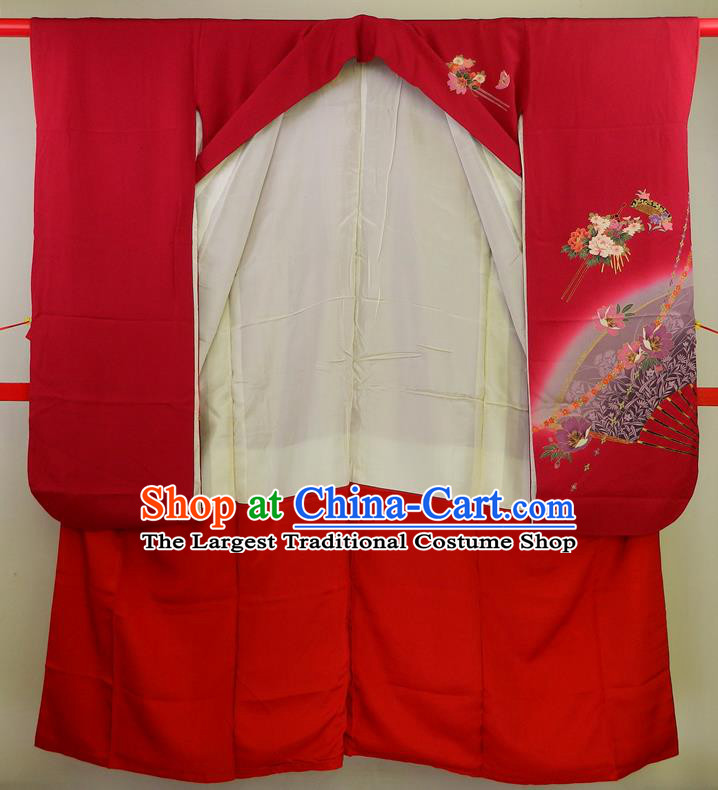 Japanese Wedding Bride Garment Costume Classical Peony Fan Pattern Red Yukata Dress Traditional Furisode Kimono Clothing