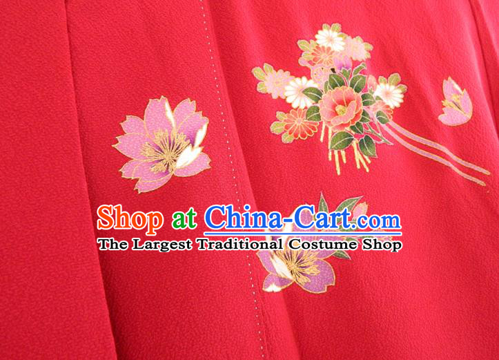 Japanese Wedding Bride Garment Costume Classical Peony Fan Pattern Red Yukata Dress Traditional Furisode Kimono Clothing