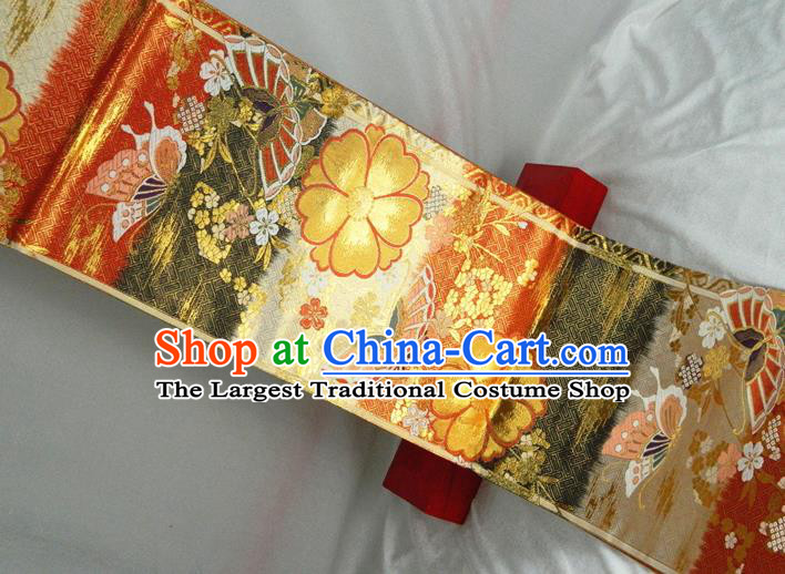 Japanese Classical Yukata Dress Hekoobi Accessories Traditional Butterfly Flowers Pattern Kimono Belt Handmade Red Brocade Waistband