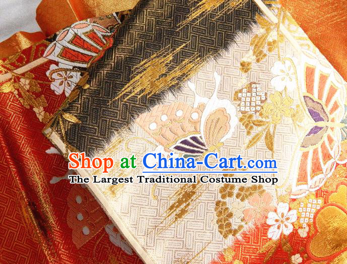 Japanese Classical Yukata Dress Hekoobi Accessories Traditional Butterfly Flowers Pattern Kimono Belt Handmade Red Brocade Waistband
