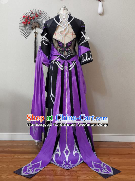 China Traditional JX Online Clothing Cosplay Swordswoman Garment Costumes Ancient Chivalrous Woman Purple Dress Outfits