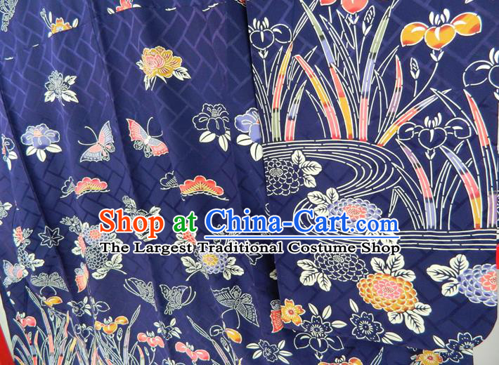 Japanese Traditional Furisode Kimono Clothing Court Empress Garment Costume Classical Orchids Butterfly Pattern Deep Blue Yukata Dress