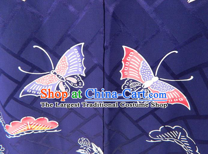 Japanese Traditional Furisode Kimono Clothing Court Empress Garment Costume Classical Orchids Butterfly Pattern Deep Blue Yukata Dress