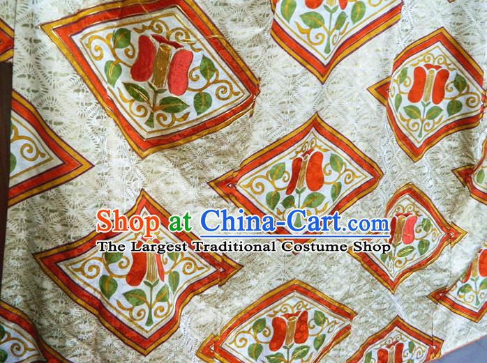 Japanese Young Woman Garment Costume Classical Rhombus Pattern White Silk Yukata Dress Traditional Court Furisode Kimono Clothing