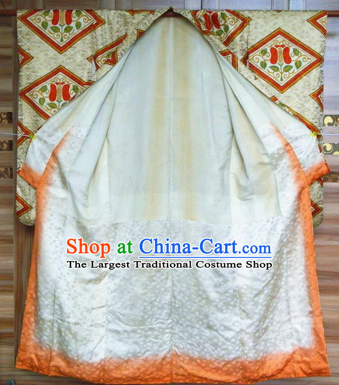 Japanese Young Woman Garment Costume Classical Rhombus Pattern White Silk Yukata Dress Traditional Court Furisode Kimono Clothing