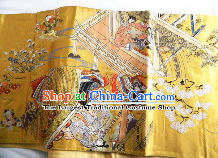 Japanese Traditional Genji Monogatari Pattern Golden Brocade Belt Handmade Kimono Waistband Classical Yukata Dress Hekoobi Accessories