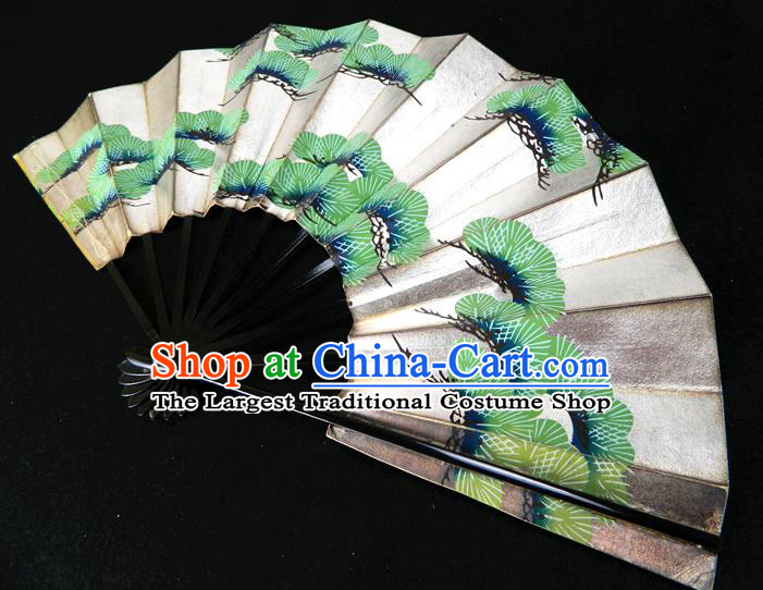 Japan Woman Pine Painting Pattern Accordion Handmade Ebony Fan Traditional Dance Folding Fan Geisha Performance Fan