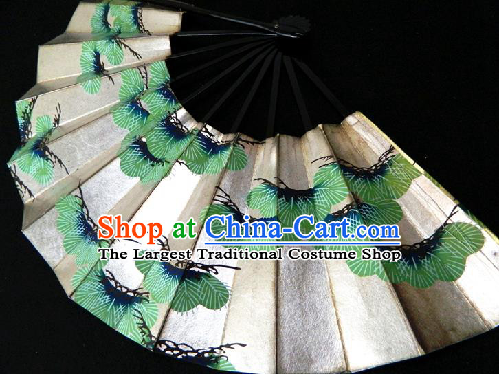 Japan Woman Pine Painting Pattern Accordion Handmade Ebony Fan Traditional Dance Folding Fan Geisha Performance Fan