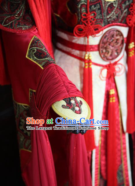 China Ancient Demon King Garment Costumes Traditional Puppet Show Emperor Uniforms Cosplay Swordsman Red Hanfu Clothing