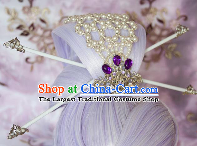 Chinese Ancient Swordsman Hair Accessories Traditional Hanfu Lilac Wigs Sheath Cosplay Knight Hairpieces and Hairpins