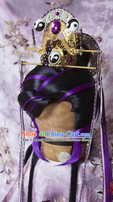 Chinese Ancient Taoist Priest Hair Accessories Traditional Hanfu Purple Wigs Sheath Cosplay Swordsman Liang Wuji Hairpieces and Hair Crown