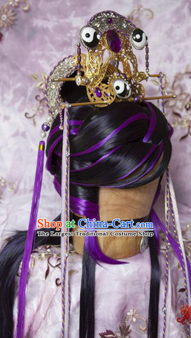 Chinese Ancient Taoist Priest Hair Accessories Traditional Hanfu Purple Wigs Sheath Cosplay Swordsman Liang Wuji Hairpieces and Hair Crown