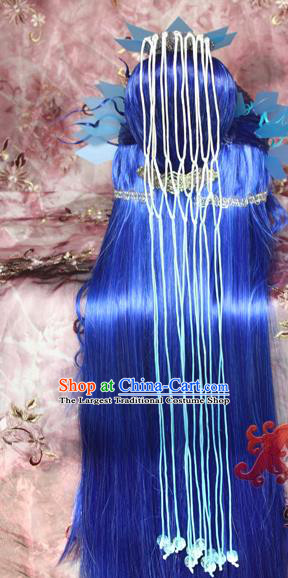 Chinese Cosplay Swordsman Yin Qiujun Hairpieces and Hair Crown Ancient Young Hero Hair Accessories Traditional Hanfu Blue Wigs Sheath