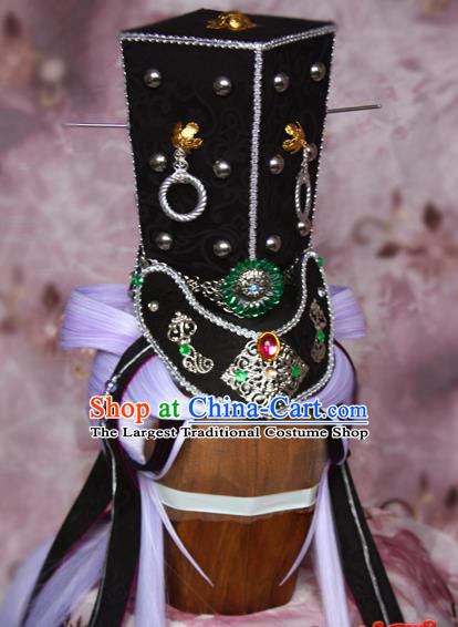 Chinese Traditional Hanfu Purple Wigs Sheath Cosplay Swordsman Hairpieces and Hat Ancient Knight King Hair Accessories