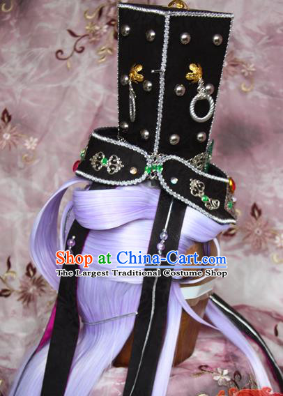 Chinese Traditional Hanfu Purple Wigs Sheath Cosplay Swordsman Hairpieces and Hat Ancient Knight King Hair Accessories
