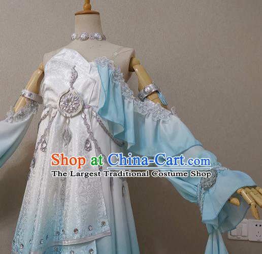 China Ancient Young Lady Light Blue Dress Outfits Traditional JX Online Clothing Cosplay Swordswoman Garment Costumes