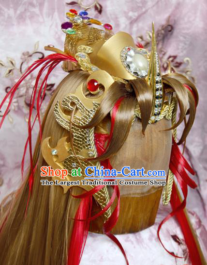 Chinese Ancient Warrior King Hair Accessories Traditional Hanfu General Golden Wigs Sheath Cosplay Swordsman Luo Hou Hairpieces and Hat