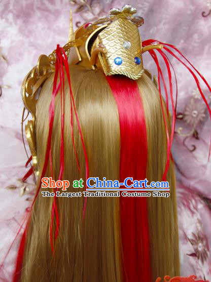 Chinese Ancient Warrior King Hair Accessories Traditional Hanfu General Golden Wigs Sheath Cosplay Swordsman Luo Hou Hairpieces and Hat
