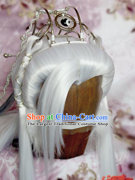 Chinese Cosplay Taoism Immortal Hairpieces and Hair Crown Ancient Elderly Swordsman Hair Accessories Traditional Hanfu Taoist Priest White Wigs Sheath