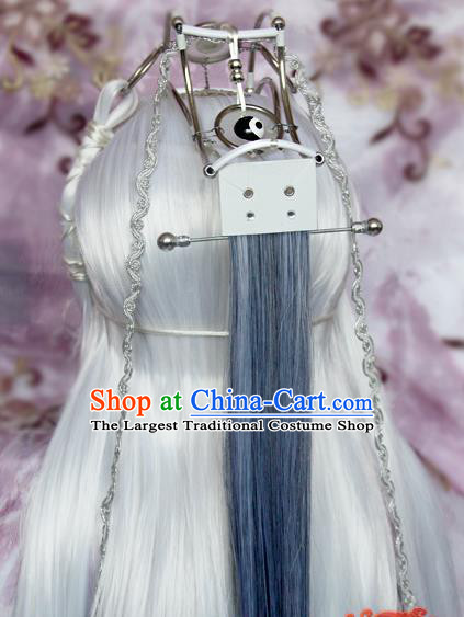 Chinese Cosplay Taoism Immortal Hairpieces and Hair Crown Ancient Elderly Swordsman Hair Accessories Traditional Hanfu Taoist Priest White Wigs Sheath