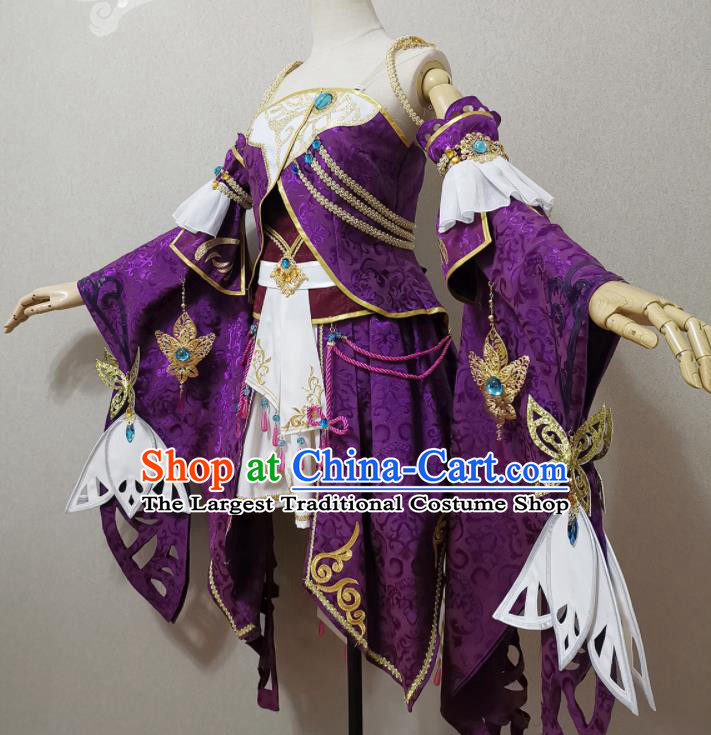 China Cosplay Fairy Garment Costumes Ancient Young Lady Purple Dress Outfits Traditional JX Online Female Swordsman Clothing