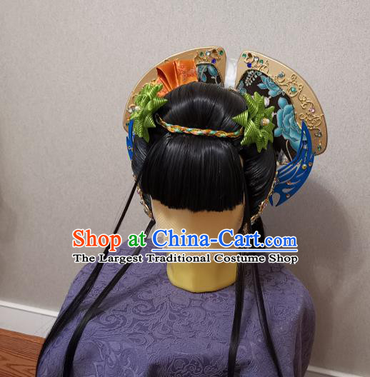 China Ancient Imperial Consort Wigs and Hairpins Headpieces Traditional Puppet Show Huan Ji Hair Accessories Cosplay Young Beauty Headdress