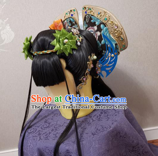 China Ancient Imperial Consort Wigs and Hairpins Headpieces Traditional Puppet Show Huan Ji Hair Accessories Cosplay Young Beauty Headdress